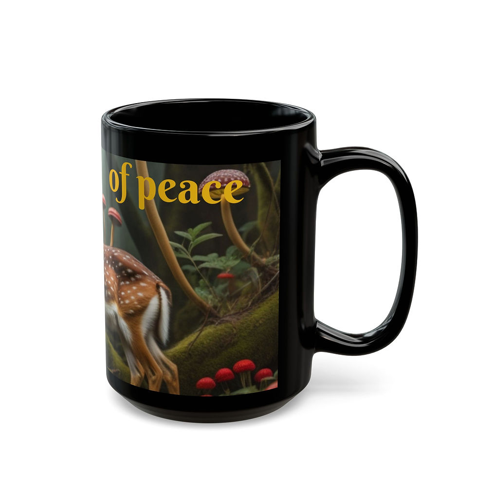 Thumbnail: Black Mug with AI-Generated Fawn & Amanitas: Unique Gift for Hot Drinks Lovers