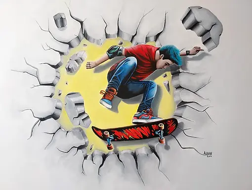 fresque skater qui sort du mur
