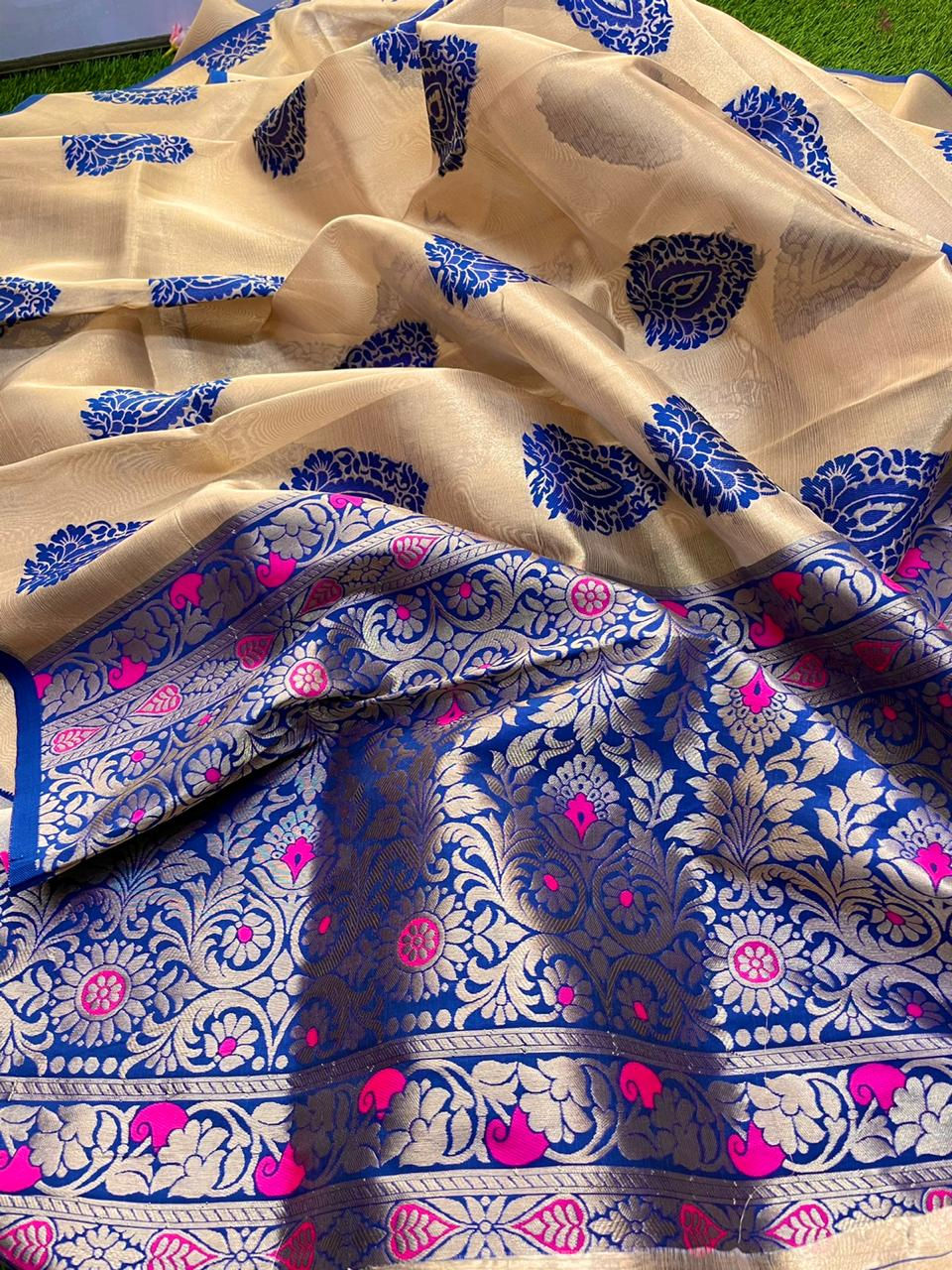 Beautiful Pure Handloom Multicolor Kanchi Organza Allover Weaving Butta Saree