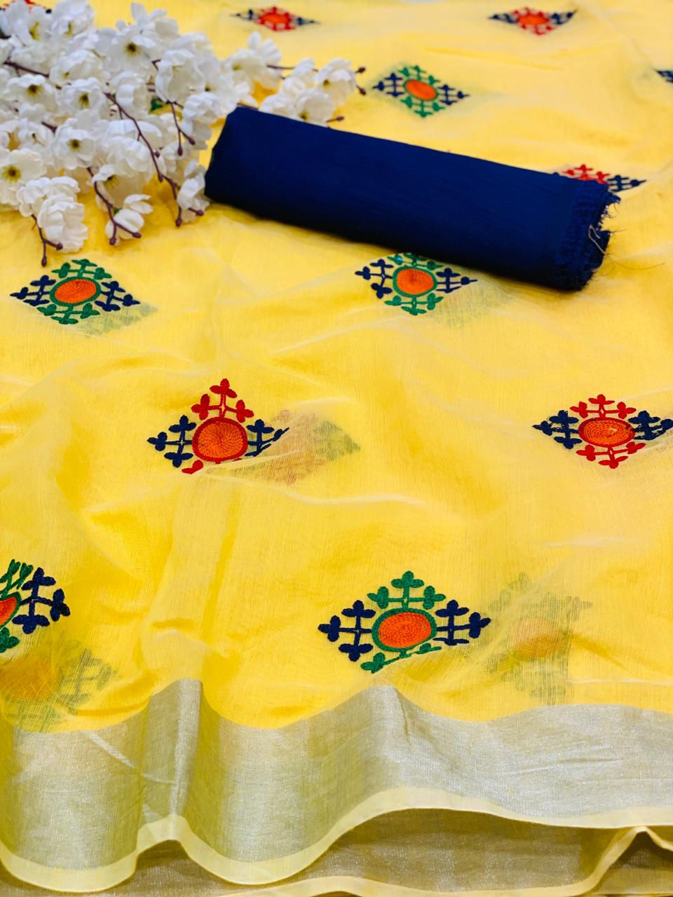 Thumbnail: Chanderi Silver Border Quality Saree Multi Work With Bangalori Blouse