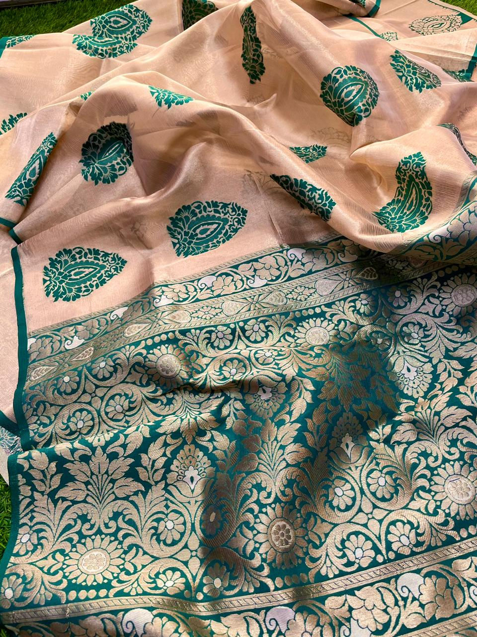 Thumbnail: Beautiful Pure Handloom Multicolor Kanchi Organza Allover Weaving Butta Saree
