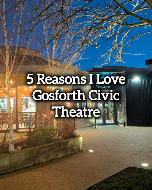 Evening view of Gosforth Civic Theatre entrance with lit interior. Text overlay reads: "5 Reasons I Love Gosforth Civic Theatre."