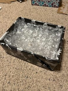 Place bubble wrap or other stuffing material (newspaper), in the box and then place the wrapped flaps or top on top of the stuffing material.