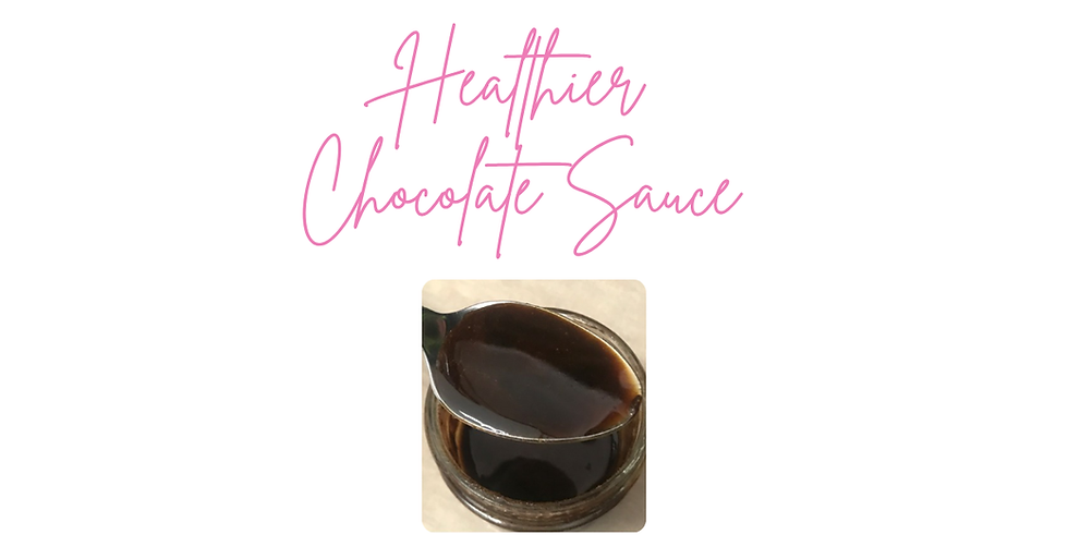Spoon with dark chocolate sauce over a jar. Pink text above reads "Healthier Chocolate Sauce" on a white background.