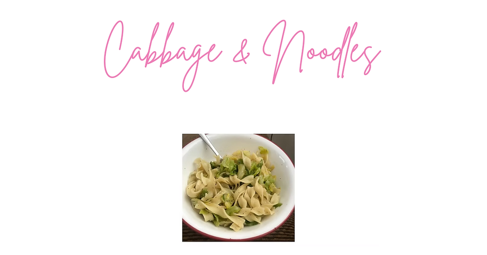 Bowl of cabbage and noodles with a fork, set against a simple background. Pink script text above reads "Cabbage & Noodles."