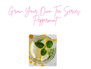Peppermint tea with lemon slices and mint leaves on a dotted cloth; text reads "Grow Your Own Tea Series: Peppermint" in pink.