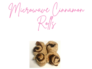 Cinnamon rolls on a white background with pink text "Microwave Cinnamon Rolls" above. Rolls are brown and swirled with dark filling.