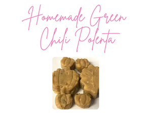Homemade green chili polenta shaped as small pumpkins and leaves on a white background. Pink text above reads "Homemade Green Chili Polenta."