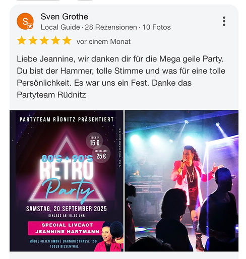 Sängerin Jeannine Hartmann live mit ihrer 80er Jahre Show - Begeisterte Google Rezension für die besten Hits der Achtziger