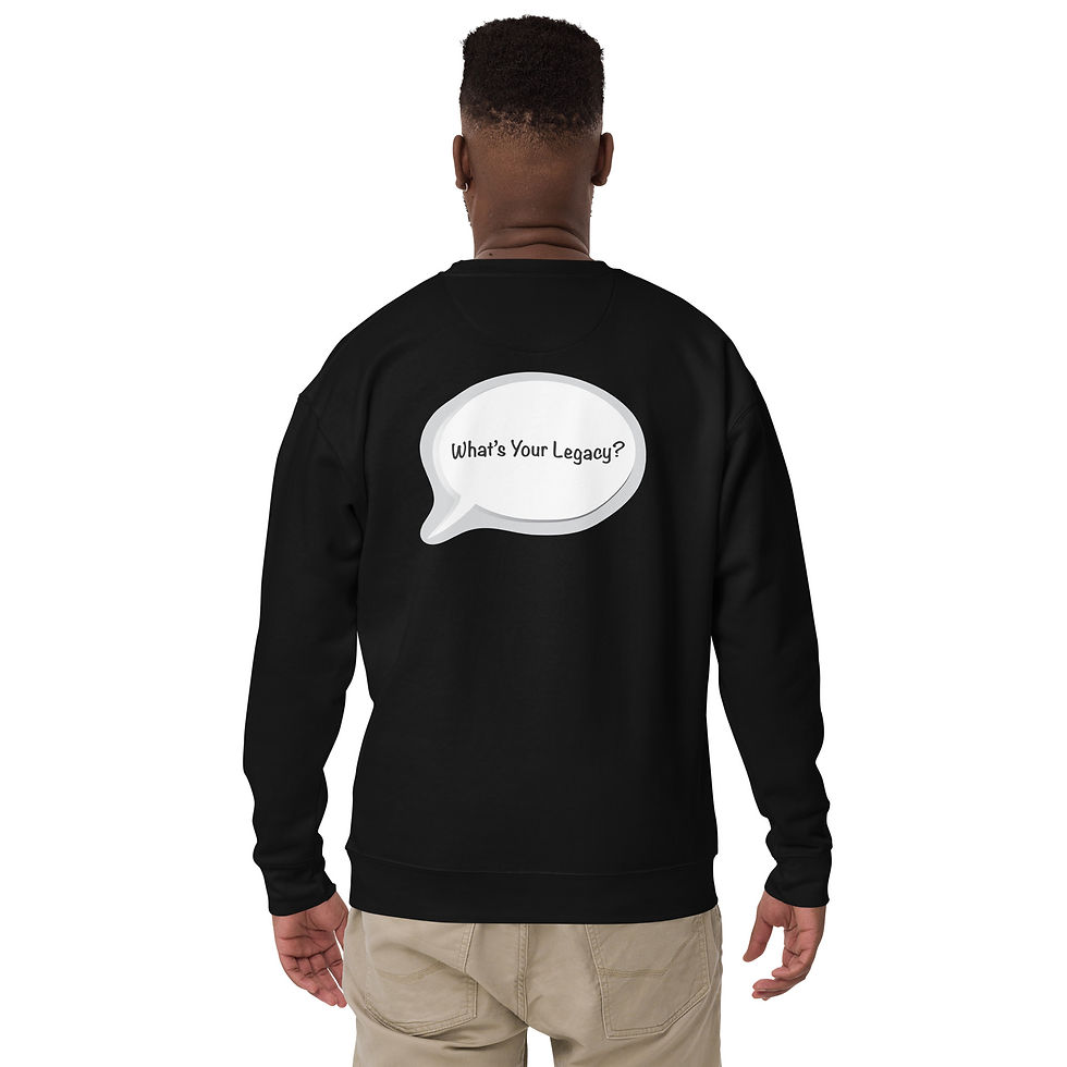 Thumbnail: Black long sleeve shirt with Discovering Legacy speech bubble logo branding. Back says "What's Your Legacy?" in speech bubble. Available in various sizes.
