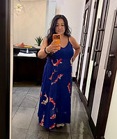 Customer wearing Being KOI dress - vivid indigo blue maxi dress with spaghetti straps. Original art. Like linen.