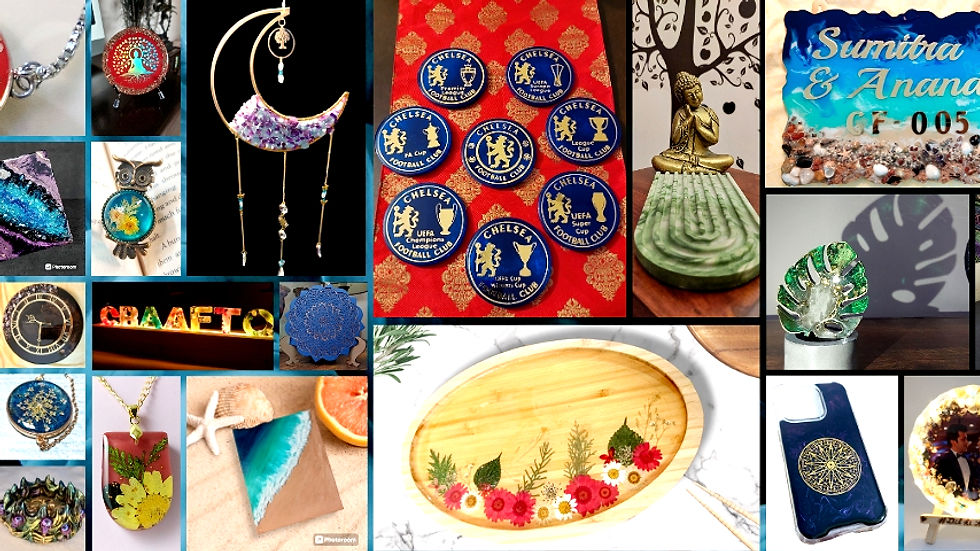 Collage of colorful handmade crafts by Quirkomania: jewelry, coasters, wooden decor, and a statue. Vibrant and artistic.