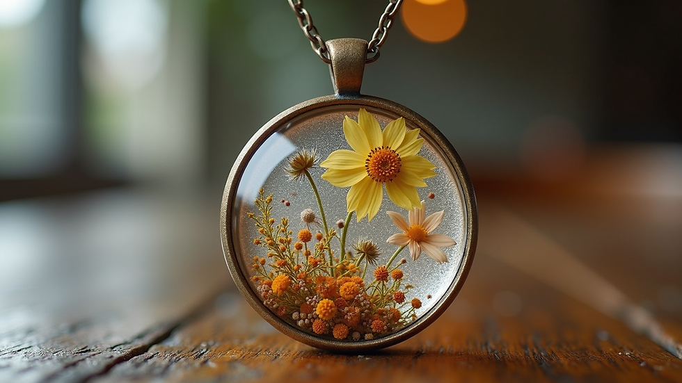 Close-up view of a resin pendant with embedded dried flowers