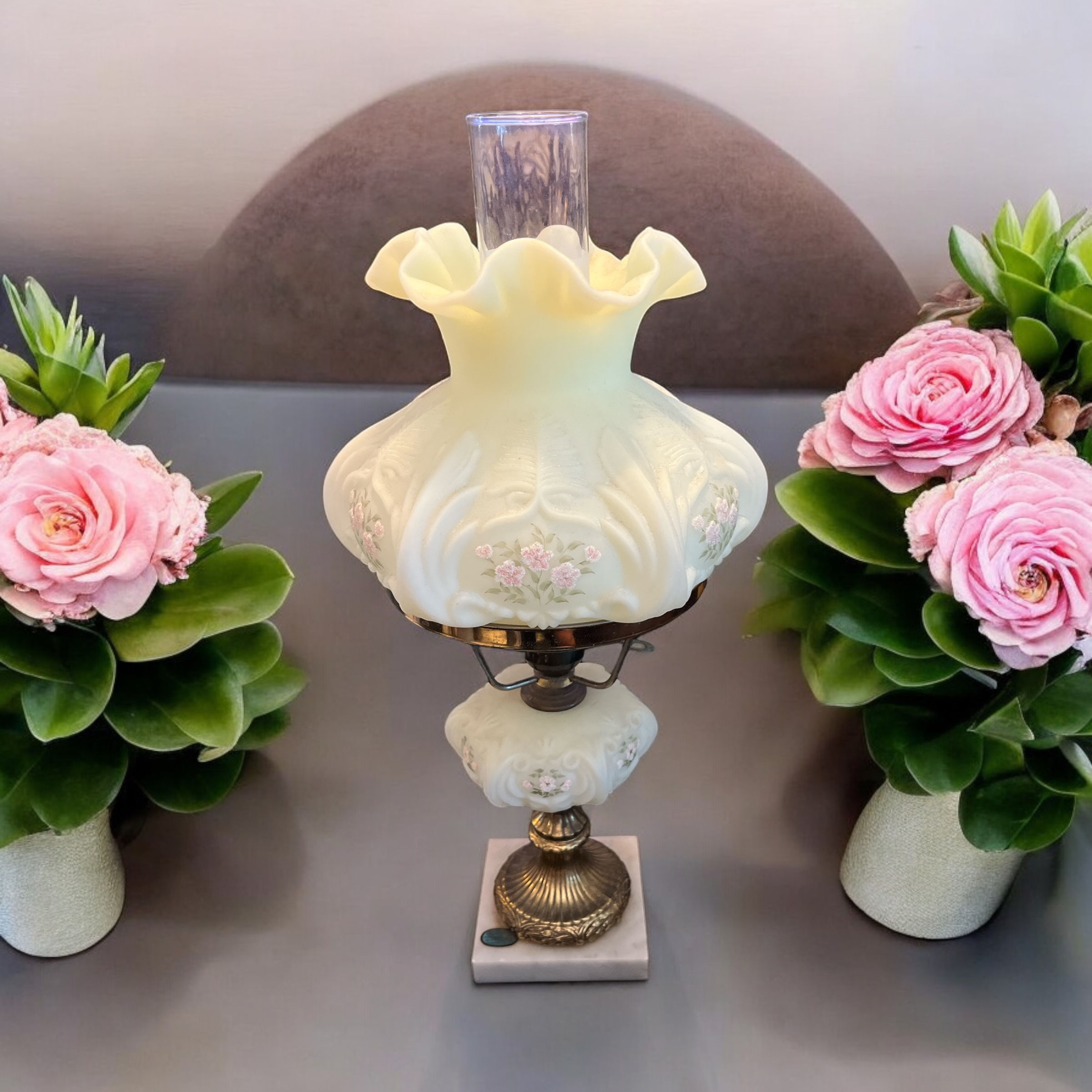 Vintage Fenton Satin Uranium Glass Handpainted Lamp