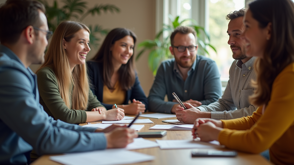 Eye-level view of a diverse group of people engaged in a language exchange session