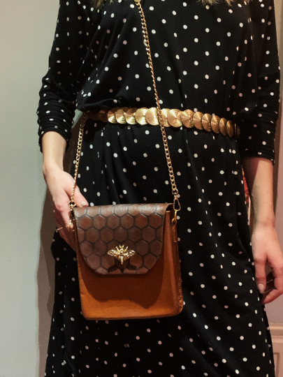 Thumbnail: Hand Worked Genuine Leather Laser Etched Bee Hand Bag