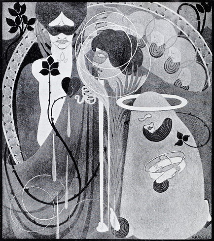 An art nouveau ilustration of two figures. One wears a blind and the other a mask. A group of identical cloaked figures watch them. Thorned vines wrap around the image, and there is a floating belt ripped in two places.