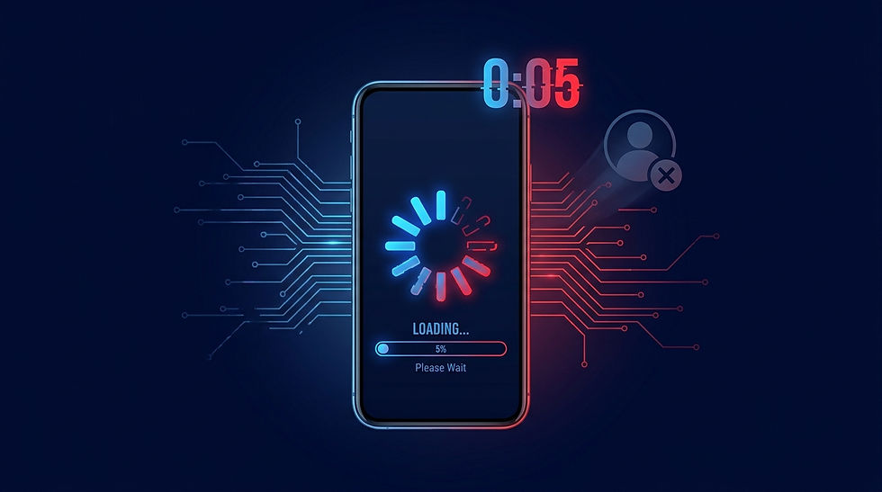 A slow loading sign and empty progress bar on a smartphone screen, showing that a slow website drives away visitors.