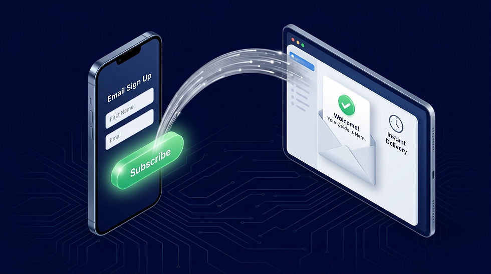 A professional illustration showing a frictionless email sign-up experience for local business customers on mobile with minimal form fields and an instant automated welcome email delivering on the sign-up promise.