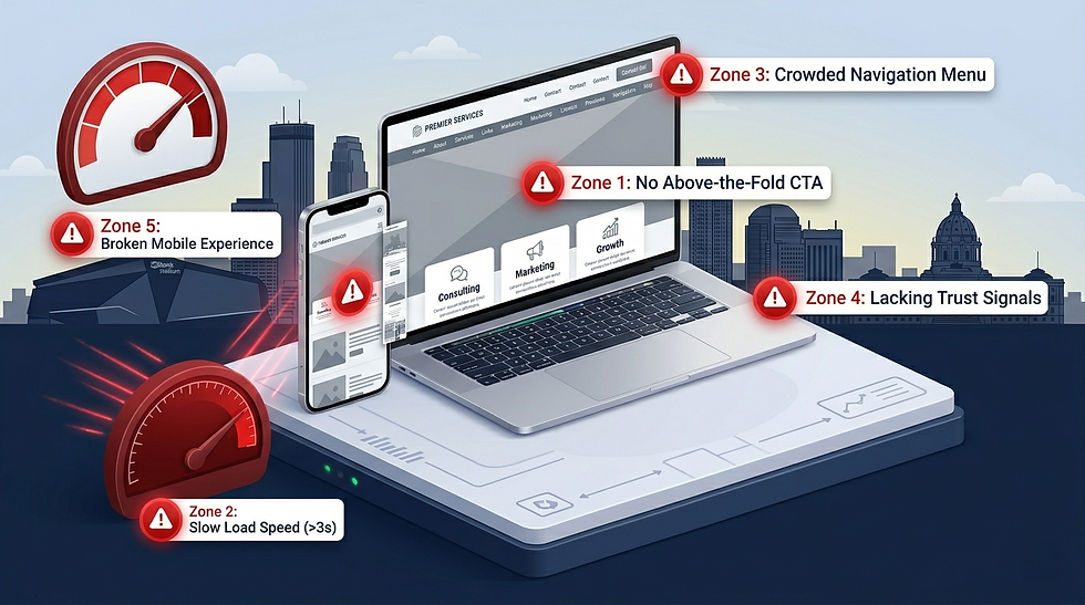 A professional diagram illustrating the five most common website conversion killers for Minnesota small businesses including missing CTA, slow load speed, confusing navigation, no trust signals, and poor mobile experience.