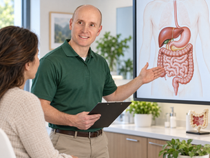 Dr. Alex Sheppard at Oasis Chiropractic & Wellness Center in Cottage Grove, MN explaining the connection between the pancreas and digestion to a patient during a root cause evaluation