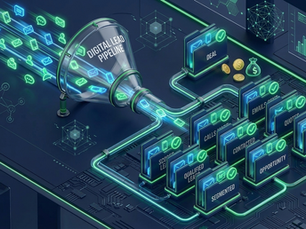 A structured digital pipeline showing website leads flowing smoothly into an automated follow-up CRM system for faster response times.