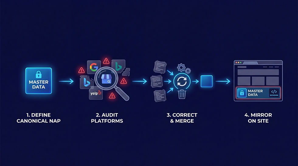 A four-stage diagram illustrating the NAP consistency fix process: 1. Defining master data, 2. Auditing platforms like Google and Yelp, 3. Correcting and merging listings, and 4. Mirroring the correct data on the business website.