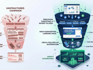 A professional illustration showing a Google Ads campaign funnel with structured targeting, a conversion-optimized landing page, and a fast follow-up system producing profitable leads and measurable ROI.