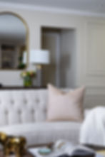 Beige velvet pillow on a tufted sofa