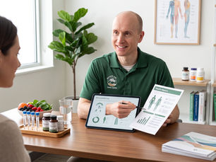 Dr. Alex Sheppard reviewing nutrition testing results with a patient using personalized wellness reports and supplements