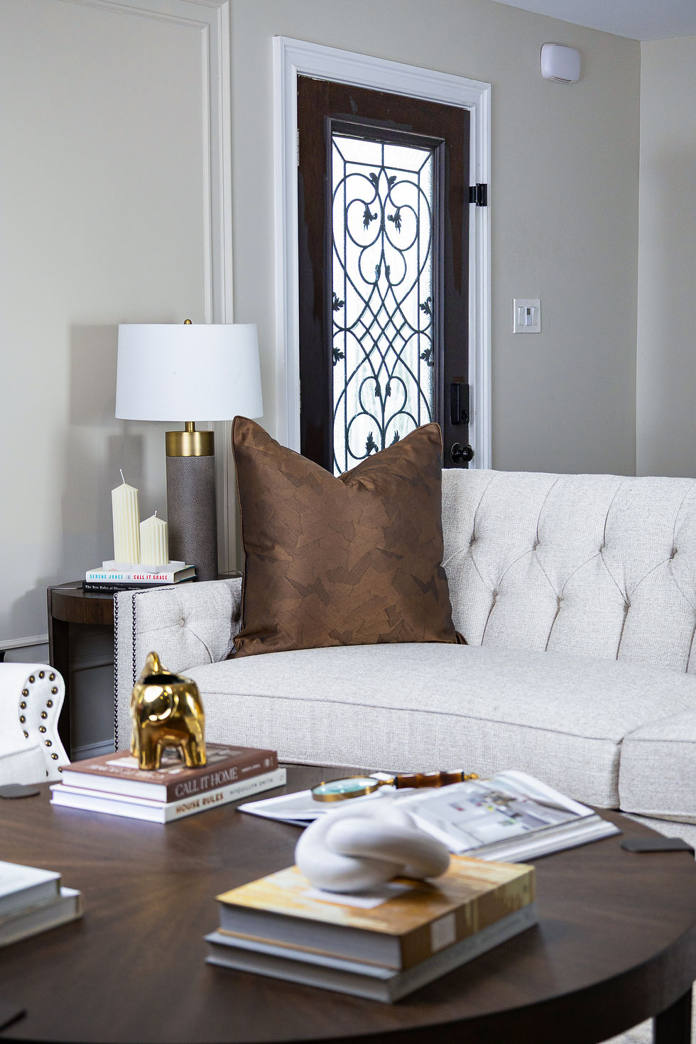 Brown pillow on white sofa, home decor