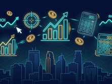 Professional digital illustration on a dark navy background featuring a Minneapolis Twin Cities skyline silhouette surrounded by glowing marketing icons — bar charts, dollar coins, targeting crosshairs, click cursors, and ROI trend lines — representing a structured small business advertising budget framework.