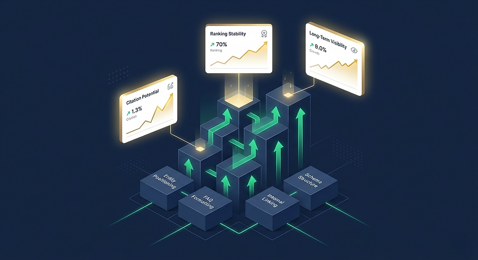 A professional diagram showing the compounding effect of AI citation structure — including topic clusters, internal linking, FAQ formatting, and schema markup — resulting in increased authority, ranking stability, and long-term AI visibility.