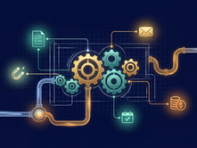 Dark navy digital illustration of a small business depicted as an interconnected machine — glowing gears, blueprint lines, and pipelines linking icons for written processes, lead generation, follow-up, calendar, and finances, symbolizing the operating systems a business needs before its first hire.