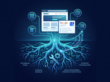 A professional digital illustration on a dark navy background showing a stylized website ecosystem with deep roots representing foundational technical SEO and a thriving structure above ground representing content, emphasizing growth and structure without human faces.