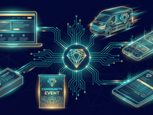 Professional digital illustration on a dark navy background showing a small glowing geometric logo mark at the center, connected by luminous teal lines to a surrounding ecosystem of brand touchpoints — a website, a work van, social media posts, business cards, a community banner, and an invoice — each displaying the same consistent colors and visual identity, illustrating that a logo is just one small part of a larger brand.