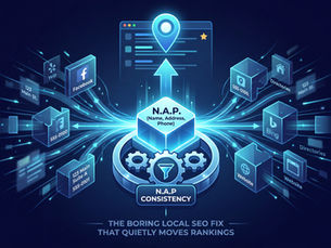 A digital illustration on a dark background showing fragmented business data points from various online platforms converging into a central, unified NAP consistency filter, leading to higher local search rankings.