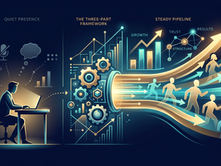A professional digital illustration on a dark navy background showing a stylized flow transforming disjointed nodes into an organized, glowing client pipeline, visualizing the journey from a quiet online presence to consistent client growth.