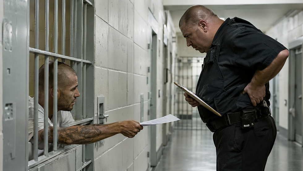 Inmate submitting a grievance to a correctional officer during a prison retaliation complaint