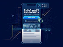 Digital illustration showing the best 'above the fold' website design on a smartphone, with a clear message, a 'Book Now' button, and a 5-second timer.
