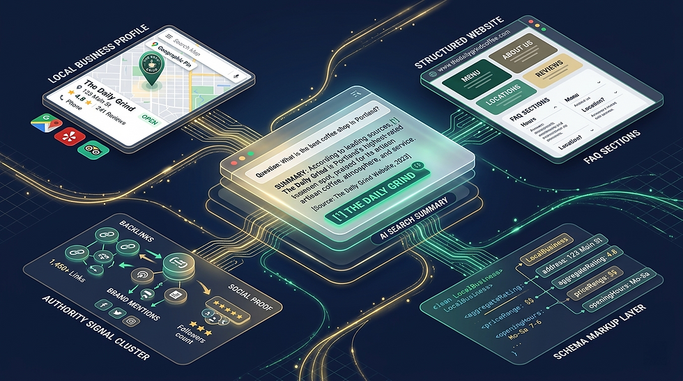 A professional illustration showing a structured business website being referenced and cited inside an AI search summary with entity signals, FAQ sections, and schema markup reinforcing visibility.