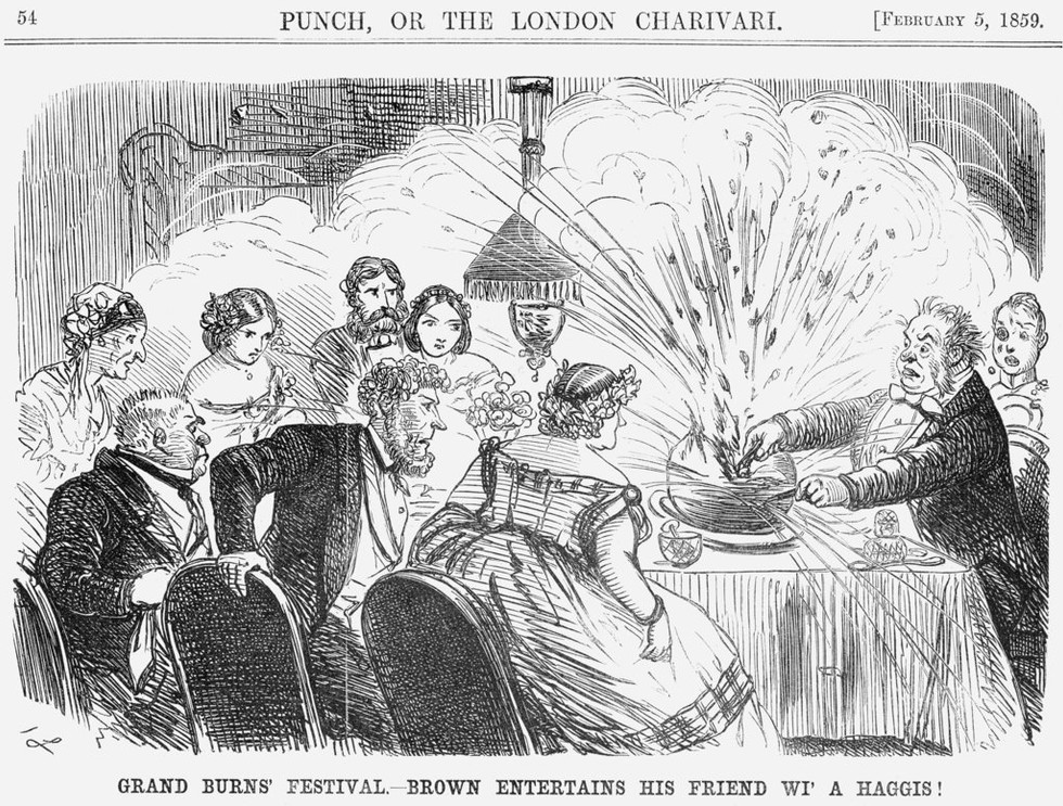 Grand Burns' Festival. - Brown Entertains his Friend wi' a Haggis! Punch, or the London Charivari, Feb. 3, 1859