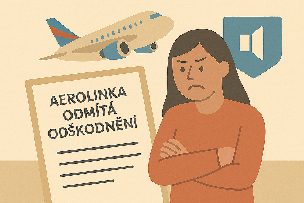 Ilustrační obrázek cestující, která drží dokument s odmítnutím kompenzace – v pozadí letadlo a ikona „mimořádné okolnosti“, symbol situace, kdy aerolinka odmítá odškodnění za zrušený nebo zpožděný let.