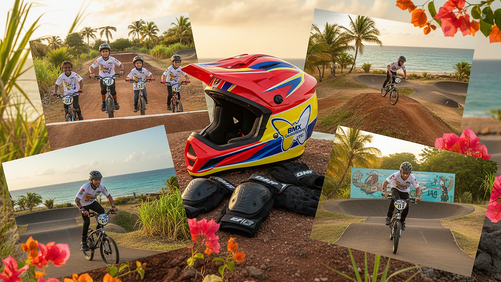 Vue en plongée d'un casque et de protections pour BMX
