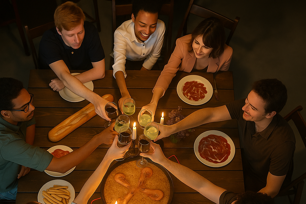 Friends enjoying a Spanish tapas night with gourmet products from Trastienda market