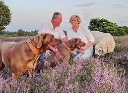 Sylke und Uwe mit den Hunden und Schafen in der Heide