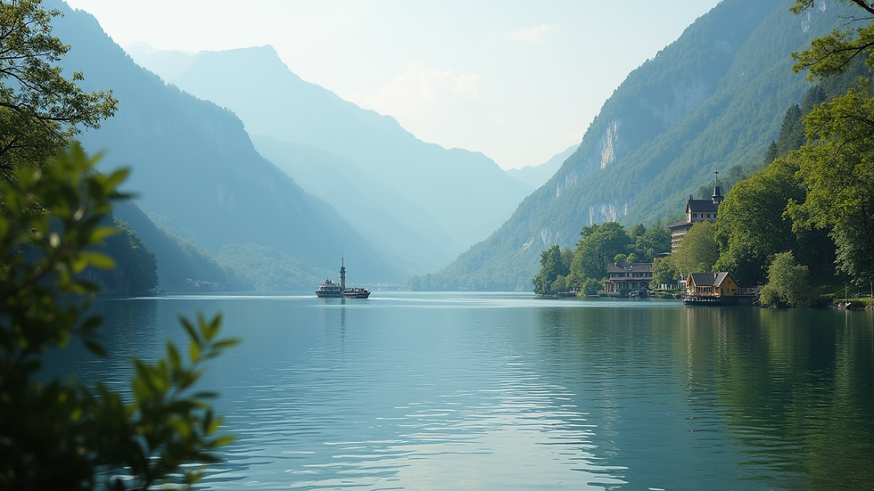 Augenhöhe Blick auf den Lago di Lugano mit einem Rustico im Vordergrund