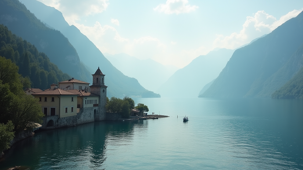 Weitwinkelaufnahme eines Seeblicks mit Villen am Lago Maggiore
