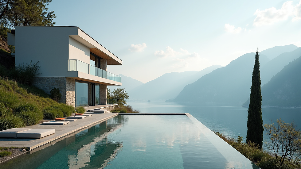 Nahaufnahme einer modernen Villa mit Seeblick am Lago Maggiore