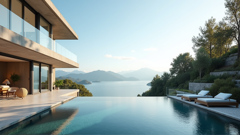 eye-level view of modern villa with panoramic lake view